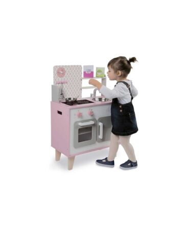 Cocinita de juguete madera Janod macaron blanca y rosa